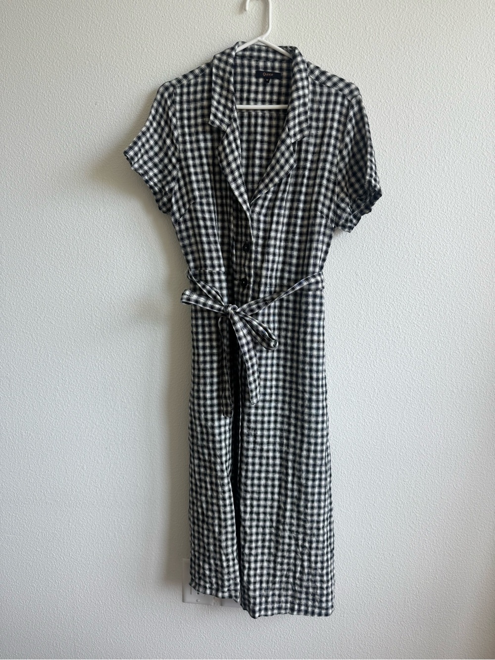 Quince Gingham Linen Button-Front Shirt Dress with Tie